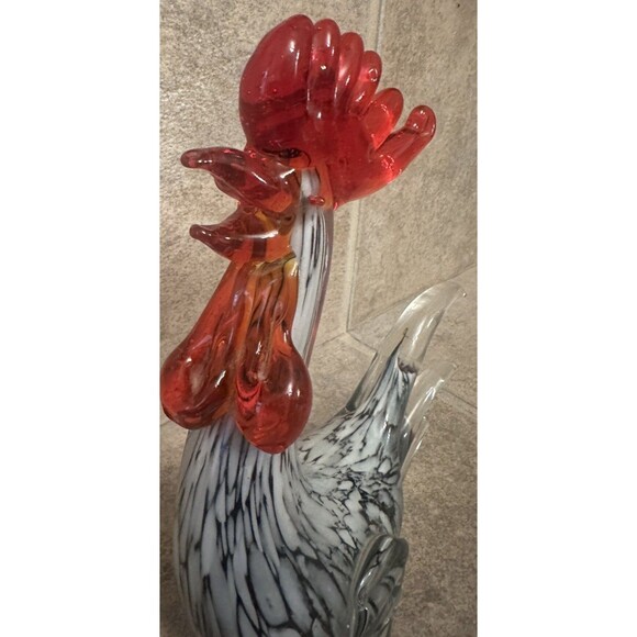 Art Glass Black White Rooster Hand Blown Sculpture Statue 8"h x 7.5"w - Picture 2 of 6